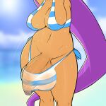 balls beach big_balls big_breasts big_bulge big_penis bodily_fluids breasts bulge clothing fibilis genie genitals gynomorph hi_res humanoid intersex penis shantae shantae_(series) solo sweat swimwear vein veiny_penis wayforward