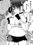  absurdres belly blush bow breasts choker cleavage double_bun garter_straps greyscale hair_behind_ear hair_bun highres large_breasts looking_down midriff miniskirt mole mole_under_eye monochrome multicolored_hair navel original plump skirt streaked_hair terano_haruma thought_bubble translation_request twintails 