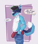 absurd_res anthro big_bulge blue_body blue_fur briefs bulge butt canid canine canis clothed clothing dialogue dialogue_box duo flirting frustrated fur hi_res katxfish katxlogan male mammal meme meme_clothing partially_clothed raised_tail solo speech_bubble tail text tight_briefs tight_clothing tight_underwear topless underwear wolf