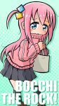  1girl aqua_background bag black_skirt blue_eyes bocchi_the_rock! brown_footwear copyright_name cube_hair_ornament gotoh_hitori gotthi grey_bag hair_between_eyes hair_ornament handbag highres jacket leaning_forward loafers long_hair looking_at_viewer messy_hair pink_hair pink_jacket pleated_skirt shoes simple_background skirt solo track_jacket very_long_hair 