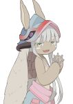  1other :3 animal_ears blunt_bangs brown_fur fake_horns fangs green_eyes helmet highres horizontal_pupils horned_headwear horns long_hair made_in_abyss nanachi_(made_in_abyss) no_humans nzmtarou open_mouth rabbit_ears rabbit_girl simple_background solo tongue white_background white_hair 