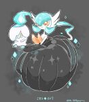  alternate_color black_background black_dress black_gloves blue_hair bob_cut dress elbow_gloves fire gardevoir gloves litwick mega_gardevoir nm_354banette orange_eyes pokemon pokemon_(creature) shiny_pokemon simple_background smile strapless strapless_dress yellow_eyes 