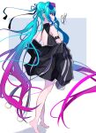  1girl absurdres aqua_hair barefoot black_shirt double_bun dress from_side full_body goma_irasuto hair_bun highres jacket jewelry long_hair multicolored_hair original pink_eyes pink_hair purple_hair shirt sleeveless sleeveless_shirt solo sunglasses twintails very_long_hair 