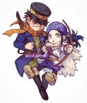  1boy 1girl aokamei arrow_(projectile) asirpa belt black_footwear black_hair black_headwear black_pantyhose blue_coat blue_eyes boots bow_(weapon) brown_eyes brown_scarf coat drawing_bow earrings full_body fur_boots glint golden_kamuy grey_footwear gun gun_on_back highres holding holding_bow_(weapon) holding_weapon hoop_earrings jewelry military pantyhose plaid plaid_scarf scar scar_on_face scarf simple_background sugimoto_saichi weapon weapon_on_back white_background 