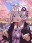  1girl blurry blurry_background blush cherry_blossoms day dress hair_ornament hands_up hidaka_ui highres jacket long_hair long_sleeves open_clothes open_jacket open_mouth outdoors petals purple_dress purple_eyes purple_hair short_hair_with_long_locks solo spring_(season) upper_body vocaloid voiceroid yuzuki_yukari 