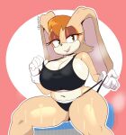 anthro bedroom_eyes big_breasts bodily_fluids breasts brown_eyes female floppy_ears lagomorph leporid long_ears lop_ears mammal mature_female narrowed_eyes navel rabbit seductive sega simoncross solo sonic_the_hedgehog_(series) sportswear steaming_body sweat thick_thighs tugging_clothing vanilla_the_rabbit