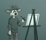 anthro antlers black_nose bottomwear clothing creating_art darwin_(tinydeerguy) deer easel grey_background greyscale hi_res horn male mammal monochrome painting pajama_pants pants pattern_bottomwear pattern_clothing pattern_pants plaid plaid_bottomwear plaid_clothing plaid_pants shirt simple_background solo t-shirt tinydeerguy topwear