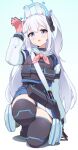  1girl animal_ears arm_up black_gloves black_thighhighs blue_archive blue_eyes blue_hair blue_halo blue_skirt blush bulletproof_vest commentary earpiece fake_animal_ears gloves hair_between_eyes halo highres light_blue_hair long_hair long_sleeves looking_at_viewer miyako_(blue_archive) neckerchief one_side_up open_mouth pink_gloves pink_neckerchief pleated_skirt puffy_long_sleeves puffy_sleeves rabbit_ears rabbit_pose sailor_collar simple_background skirt solo squatting symbol-only_commentary thighhighs tochi_keisuke two-tone_gloves white_background white_sailor_collar 