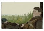  1917_(film) 2boys border british_army brodie_helmet brown_hair combat_helmet grass green_jacket helmet highres jacket kamuytime long_sleeves military_uniform multiple_boys sleeping thomas_blake uniform white_border william_schofield world_war_i 