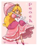  1girl artist_request black_eyes blonde_hair blue_gemstone border brooch character_name chest_jewel crown dress earrings elbow_gloves eyelashes frilled_dress frills full_body gem gloves gold_headwear high_heels holding holding_umbrella jewelry lace-trimmed_umbrella lipstick long_dress long_hair looking_at_viewer makeup mario_(series) mini_crown parasol parted_lips pink_background pink_dress pink_footwear pink_lips pink_sleeves pink_umbrella princess_peach puffy_short_sleeves puffy_sleeves shadow short_sleeves simple_background skirt_hold solo sparkle sphere_earrings third-party_source umbrella very_long_hair white_border white_gloves 