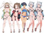  5girls animal_ears bikini breast_tattoo cat_ears chest_jewel core_crystal_(xenoblade) eunie_(xenoblade) fiery_hair frilled_bikini_top glowing_lines head_wings highres jacket jacket_over_swimsuit kamidan mio_(xenoblade) multiple_girls open_clothes open_jacket sandals sena_(xenoblade) shania_(xenoblade) simple_background swimsuit tattoo watermark white_background white_wings wings xenoblade_chronicles_(series) xenoblade_chronicles_3 