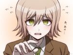  1boy blonde_hair brown_background brown_jacket collared_shirt d: danganronpa_(series) danganronpa_3_(anime) flying_sweatdrops gradient_background green_eyes green_necktie hand_up hope&#039;s_peak_academy_school_uniform jacket male_focus mitarai_ryota necktie portrait school_uniform shirt short_hair solo suiren_yurei sweat teeth translation_request upper_teeth_only watermark 