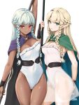 2024 black_cape blonde_hair blue_cape braided_hair breasts brown_body brown_inner_ear brown_skin cape chaesu cleavage clothed clothing dress duo elf eltolinde_(unicorn_overlord) female green_cape green_eyes grey_hair hair hand_behind_back hi_res holding_object holding_weapon humanoid humanoid_pointy_ears leotard medium_breasts not_furry pupils purple_cape red_eyes rosalinde_(unicorn_overlord) sibling_(lore) sister_(lore) sisters_(lore) tan_body tan_skin translucent translucent_clothing translucent_dress twins_(lore) unicorn_overlord vanillaware weapon white_clothing white_dress white_hair white_leotard