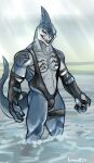 anthro armwear bulge clothed clothing dc_comics digital_media_(artwork) fish gloves handwear hi_res king_shark latex latex_clothing linuell looking_at_viewer male marine muscular muscular_male pecs shark simple_background smile solo swimwear tail teeth thick_thighs tight_clothing torn_clothing