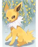  :d artist_name border brown_eyes commentary_request fang hanging_plant highres iwasi_29 jolteon leaf mane no_humans open_mouth pillarboxed pokemon pokemon_(creature) sitting skin_fang smile twitter_username white_border yellow_fur 