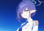  1girl aoi_(blue_archive) blue_archive blue_eyes blue_hair blue_halo blue_necktie collared_shirt earrings grin halo jewelry looking_at_viewer necktie pointy_ears shirt short_hair smile solo tyureu upper_body white_shirt 