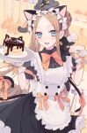  1388chan 1girl :d abigail_williams_(fate) absurdres alternate_costume animal_ears animal_on_shoulder apron black_cat black_dress blue_eyes blueberry bow bow_hairband bowtie braid braided_bun brown_hair cat cat_day cat_ears cat_on_shoulder cat_tail center_frills collared_dress cowboy_shot double_bun dress enmaided fake_animal_ears fake_tail fate/grand_order fate_(series) food frilled_apron frilled_dress frills fruit hair_bun hairband highres holding holding_tray indoors jar ladle long_hair looking_at_viewer maid maid_headdress open_mouth orange_bow pancake pancake_stack parted_bangs pastry_bag paw_pose plate puffy_short_sleeves puffy_sleeves short_sleeves sidelocks smile solo spatula strawberry tail tail_bow tail_ornament tray very_long_hair white_apron white_bow wing_collar 