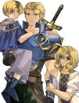  1girl 2boys armor asymmetrical_bangs black_gloves blonde_hair blue_eyes blue_footwear boots closed_mouth curtained_hair fire_emblem fire_emblem:_mystery_of_the_emblem gloves highres jubelo_(fire_emblem) multiple_boys ogma_(fire_emblem) omlililimo scar scar_on_face short_hair shoulder_armor simple_background smile sword sword_on_back weapon weapon_on_back white_background yuliya_(fire_emblem) 