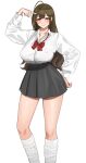  1girl ahoge black_skirt blush bow bowtie breasts brown_eyes brown_hair gyaru highres idolmaster idolmaster_shiny_colors kuwayama_chiyuki large_breasts long_hair loose_bowtie loose_socks nail_polish pink_nails red_bow senju_(snz0) shirt skirt socks solo thighs v white_shirt 