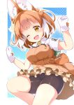  1girl absurdres animal_ears bike_shorts_under_skirt blush bow breasts brown_hair dhole_(kemono_friends) dog_ears dog_girl dress extra_ears frilled_dress frills gloves highres japari_symbol kemono_friends kemono_friends_3 large_breasts looking_at_viewer multicolored_hair one_eye_closed open_mouth shiratsuki_(cpmk8242) shirt short_hair skirt sleeveless smile solo tail thighs two-tone_hair white_hair 