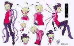  2boys alien antennae artist_name black_gloves black_hair colored_skin gir_(invader_zim) gloves green_skin humanization invader_zim mechanical_arms multiple_boys multiple_persona pants personification pink_eyes short_hair solo yoyochaan 