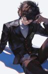  1boy amamiya_ren black-framed_eyewear black_hair black_jacket black_pants buttons closed_mouth commentary glasses highres jacket male_focus pants persona persona_5 shiiyou short_hair simple_background sitting solo sweater white_background white_sweater 