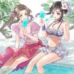  2girls absurdres aerith_gainsborough aerith_gainsborough_(floral_delight) amaoto_888 bare_legs bikini black_hair breasts brown_eyes brown_hair crop_top eating final_fantasy final_fantasy_vii final_fantasy_vii_rebirth final_fantasy_vii_remake food frilled_bikini frills green_eyes highres long_skirt multiple_girls pool poolside popsicle side_slit sitting skirt soaking_feet swimsuit tifa_lockhart tifa_lockhart_(shining_spirit) 