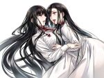  2girls black_hair blood blood_from_mouth blood_on_clothes commentary_request eye_contact fangs hand_on_another&#039;s_arm hand_on_another&#039;s_stomach highres long_hair long_sleeves looking_at_another multiple_girls open_mouth original red_eyes simple_background takekawa_shin vampire white_background yuri 