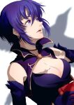  1girl bare_shoulders bird book breasts cleavage crow dress earrings elbow_gloves falling_feathers feathers fire_emblem fire_emblem:_the_blazing_blade gloves gold_trim highres holding holding_book jewelry large_breasts looking_up parted_lips purple_eyes purple_gloves purple_hair shadow short_hair solo sturm_fe_k11 upper_body ursula_(fire_emblem) 