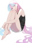  1girl alternate_costume bare_legs barefoot black_shirt breasts closed_mouth collarbone commentary grey_shorts hair_down head_tilt highres iono_(pokemon) kana_(kanna_runa0620) long_hair looking_at_viewer multicolored_hair own_hands_together pink_eyes pokemon pokemon_sv shirt short_shorts shorts sitting sleeveless sleeveless_shirt smile solo symbol-only_commentary tongue tongue_out two-tone_hair very_long_hair white_background 