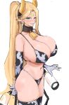  1girl absurdres alternate_costume animal_print bell bikini blonde_hair blue_eyes blush breasts cerestia_of_life collar commentary cow_horns cow_print cow_print_bikini cow_print_gloves cow_print_thighhighs cowbell elbow_gloves elf forehead_jewel gloves grin hair_between_eyes highres horns huge_breasts last_origin long_hair long_pointy_ears milking_machine navel neck_bell pointy_ears ponytail print_bikini print_gloves print_thighhighs simple_background sketch smile solo swimsuit symbol-only_commentary thighhighs uun_(uundayo) very_long_hair white_background 