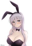  1girl animal_ears artist_name bare_shoulders black_bow black_bowtie black_hairband black_leotard blush bow bowtie breasts bunny_day cleavage closed_mouth collarbone detached_collar fake_animal_ears green_eyes grey_hair hair_between_eyes hairband large_breasts lemonrou leotard long_hair looking_at_viewer playboy_bunny rabbit_ears senkou_(senran_kagura) senran_kagura senran_kagura_new_link shiny_skin sidelocks simple_background solo strapless strapless_leotard traditional_bowtie tsurime twitter_username white_background 
