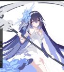  1girl ashi_(dongshi389) blue_dress blue_eyes blue_flower blue_hair closed_mouth colored_inner_hair cowboy_shot detached_sleeves dress flower hair_flower hair_ornament highres holding holding_scythe honkai_(series) honkai_impact_3rd long_hair looking_at_viewer multicolored_hair scythe seele_vollerei seele_vollerei_(herrscher_of_rebirth) simple_background smile solo unfinished very_long_hair white_background white_dress 