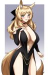  1girl alternate_costume animal_ear_fluff animal_ears arknights bare_shoulders black_choker black_dress black_sleeves blonde_hair blue_eyes blush breasts bridal_gauntlets choker collarbone cowboy_shot detached_sleeves dress fang fangs_(fangs_art) hand_on_own_chest highres horse_ears horse_girl horse_tail large_breasts long_hair looking_at_viewer navel no_bra no_panties open_mouth sleeveless sleeveless_dress smile solo tail thighs whislash_(arknights) 