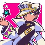  1boy androgyne_symbol belt black_hair black_shirt border closed_mouth coat earrings hat jewelry jojo_no_kimyou_na_bouken kotorai kujo_jotaro long_sleeves male_focus outline shirt short_hair star_(symbol) star_in_eye symbol_in_eye twitter_username white_border white_coat white_headwear white_outline 