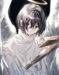  1boy angel angel_wings bishounen black_background black_hair bungou_stray_dogs cross expressionless eyelashes feathered_wings fyodor_dostoyevsky_(bungou_stray_dogs) hair_between_eyes halo highres looking_at_object male_focus pale_skin red_eyes robe short_hair solo upper_body user_yyfa8835 white_robe wings yellow_halo 