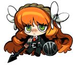  1girl :&lt; black_jacket black_pants bow brown_hairband chibi closed_mouth collared_shirt freckles full_body green_eyes hair_bow hairband holding holding_mace holding_shield id_card ishmael_(project_moon) jacket limbus_company long_hair maipll_two necktie orange_hair pants project_moon red_necktie rope shield shirt sidelocks simple_background solo very_long_hair white_background white_bow white_shirt 
