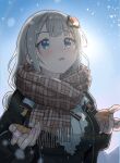  1girl black_jacket blue_eyes blue_sky brown_scarf day fingerless_gloves fingernails gloves grey_hair hair_ornament hidakaui highres jacket kizuna_akari long_hair long_sleeves looking_up open_clothes open_jacket orange_gloves outdoors parted_lips plaid plaid_scarf scarf sky snowing solo striped_clothes striped_gloves upper_body voiceroid 