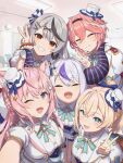  5girls ahoge animal_ears aqua_eyes blonde_hair bow braid grey_hair hair_bow hakui_koyori hat head_wings highres hololive hololive_idol_uniform_(bright) holox horns kazama_iroha la+_darknesss mini_hat mini_top_hat multiple_girls oki_no_fuji one_eye_closed pink_hair purple_eyes red_eyes sakamata_chloe side_braid smile takane_lui top_hat v wings wolf_ears 