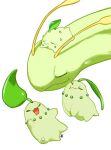  animal_focus chikorita closed_eyes closed_mouth colored_skin commentary evolutionary_line green_skin highres laughing leaf lying meganium midori8_10 no_humans on_back on_head open_mouth pokemon pokemon_(creature) pokemon_on_head simple_background smile symbol-only_commentary white_background 