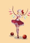  1girl absurdres ascot blonde_hair bloomers closed_mouth collared_shirt crystal flandre_scarlet frilled_shirt frilled_skirt frills full_body hands_on_own_chest hat hat_ribbon highres light_smile mob_cap multicolored_wings no_socks puffy_short_sleeves puffy_sleeves red_eyes red_footwear red_ribbon red_skirt red_vest ribbon shirt short_sleeves simple_background skirt skirt_set sleeve_ribbon solo touhou vest white_bloomers white_headwear white_shirt wings yellow_ascot yellow_background yongzhe_mei_hong 