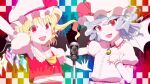  2girls absurdres arm_up ascot bat_wings blonde_hair buttons collared_shirt crystal fang flandre_scarlet frilled_shirt frilled_shirt_collar frilled_sleeves frills hands_on_own_chest hat hat_ribbon head_tilt highres looking_at_viewer medium_hair microphone microphone_stand mob_cap multicolored_background multicolored_wings multiple_girls one_side_up open_mouth puffy_short_sleeves puffy_sleeves purple_hair red_eyes red_ribbon red_vest remilia_scarlet ribbon shirt short_sleeves siblings simple_background sisters sugiura_rippu touhou upper_body vest white_headwear white_shirt wings wrist_cuffs yellow_ascot yellow_brooch 