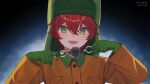  1boy artist_name benpetry96 child cord_pull crime_prevention_buzzer gloves green_eyes green_gloves green_headwear hair_between_eyes highres kyle_broflovski lightning_background long_sleeves male_focus medium_hair open_mouth red_hair shukusei!!_loli-gami_requiem simple_background smile solo south_park upper_body 