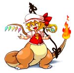  1girl ascot blonde_hair buttons charizard collared_shirt crossover fire flandre_scarlet full_body hat hat_ribbon highres holding holding_polearm holding_weapon laevatein_(touhou) medium_hair mob_cap multicolored_wings nazotyu one_side_up pointy_ears pokemon polearm puffy_short_sleeves puffy_sleeves red_eyes red_ribbon red_vest ribbon shirt short_sleeves simple_background solo touhou v-shaped_eyebrows vest weapon white_background white_headwear white_shirt wings yellow_ascot 