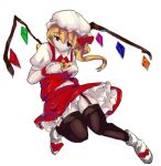  1girl ascot black_thighhighs blonde_hair bow closed_mouth collared_shirt crystal flandre_scarlet frilled_skirt frills full_body garter_straps hair_between_eyes hair_bow hat magukappu medium_hair mob_cap multicolored_wings one_side_up puffy_short_sleeves puffy_sleeves red_bow red_eyes red_skirt red_vest shirt short_sleeves simple_background skirt skirt_set solo thick_thighs thighhighs thighs touhou vest white_background white_footwear white_headwear white_shirt wings wrist_cuffs yellow_ascot 