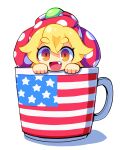  1girl blonde_hair chibi clownpiece coffee_mug cup fang highres long_hair looking_at_viewer mug open_mouth ranka_(tonbo) red_eyes ringed_eyes simple_background smile solo thick_eyebrows touhou white_background 
