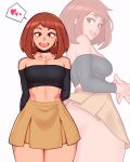  1girl arms_behind_back ass black_tube_top blush boku_no_hero_academia breasts brown_eyes brown_hair brown_skirt choker collarbone earrings heart high-waist_skirt highres hoop_earrings jakuson_z jewelry looking_at_viewer medium_hair multiple_views off_shoulder open_mouth skirt smile spoken_heart strapless thick_thighs thighs tube_top uraraka_ochako white_background 