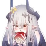  agadanku apple arknights bare_shoulders blush breasts cleavage commentary_request flower food fruit grey_hair hair_between_eyes hands_up holding holding_food holding_fruit horns long_hair medium_breasts mudrock_(arknights) pointy_ears red_apple red_eyes red_flower simple_background upper_body white_background yellow_flower 