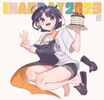  1girl apron bare_legs barefoot birthday_cake black_apron black_hair black_shorts blue_eyes bob_cut cake commentary english_commentary fang feet finger_counting food full_body highres hololive hololive_english jumping knifecat legs looking_at_viewer mole mole_under_eye ninomae_ina&#039;nis ninomae_ina&#039;nis_(5th_costume) official_alternate_hair_length official_alternate_hairstyle open_mouth pointy_ears print_shirt shirt short_hair short_shorts short_sleeves shorts slippers solo t-shirt takodachi_(ninomae_ina&#039;nis) toenails toes virtual_youtuber white_shirt 