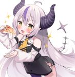  1girl ahoge braid commentary demon_girl demon_horns demon_tail fang food grey_hair hashtag_only_commentary holding holding_food holding_pizza hololive horns la+_darknesss long_hair moeko_(moeko0903) multicolored_hair open_mouth pizza pointy_ears purple_hair single_thighhigh smile solo streaked_hair striped_horns tail thighhighs two-tone_hair upper_body v-shaped_eyebrows very_long_hair virtual_youtuber yellow_eyes 